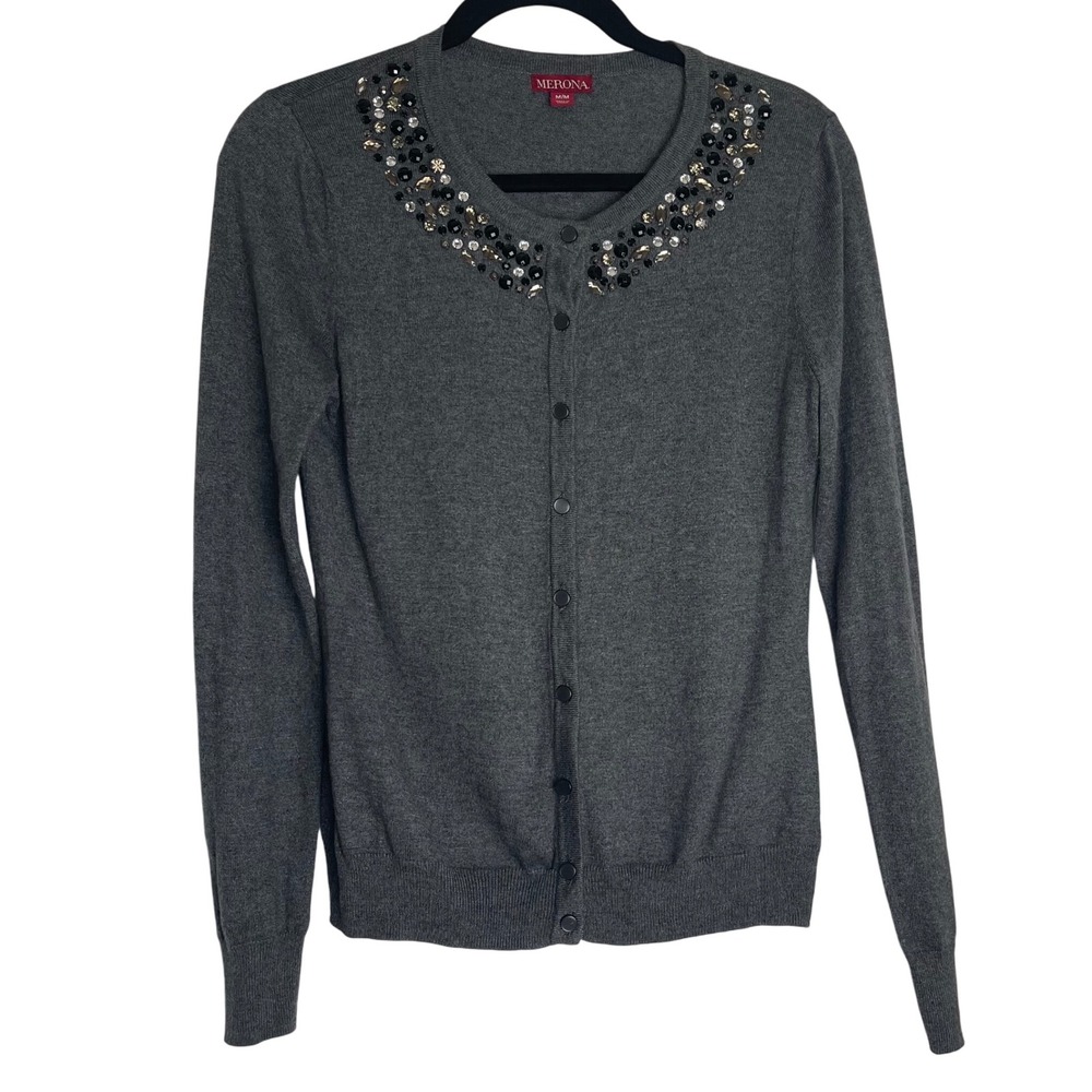 Merona Women's Long Sleeve Embellished‎ Cardigan Sweater Gray Medium Beaded